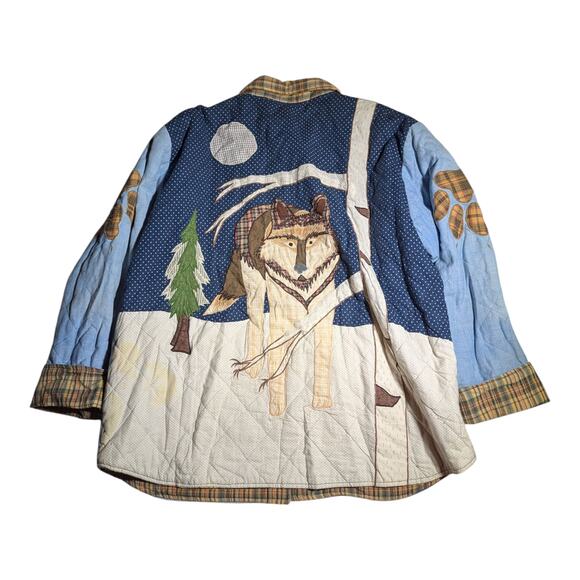 Vtg 1990s Patch Magic Blue Brown Wolf Applique Quilted Button Up Jacket Sz L - Picture 2 of 4